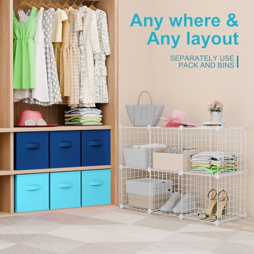 Leinuosen 6 Cube Storage Organizer with 6 Foldable Fabric Storage Bins, Metal Wire Grid Shelves, Stackable Modular Closet Organizer for Bedroom Living Room Office Toys Books(White,Blue) - color: White, Blue, Light Blue