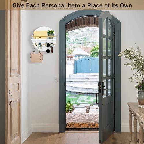 Key Holder for Wall Decorative with Shelf and Hooks, Mail Organizer Wall Mount with Sunglasses Holder, Circular Design Entryway Key Rack Hanger, Rustic Home Decor Boho Wall Decor (White) - color: White