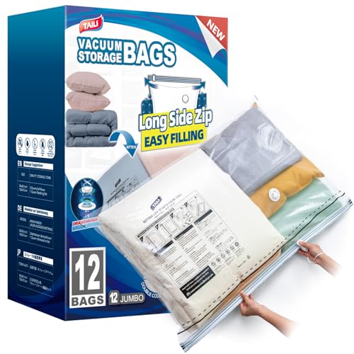 TAILI 12 Pack Vacuum Storage Bags, LONG SIDE ZIP (39x28 inch) Vacuum Seal Bags for Clothing, Jumbo Storage Space Saver for Beddings, Comforters, Blanket, Pillows and Clothes - size: 12 Jumbo