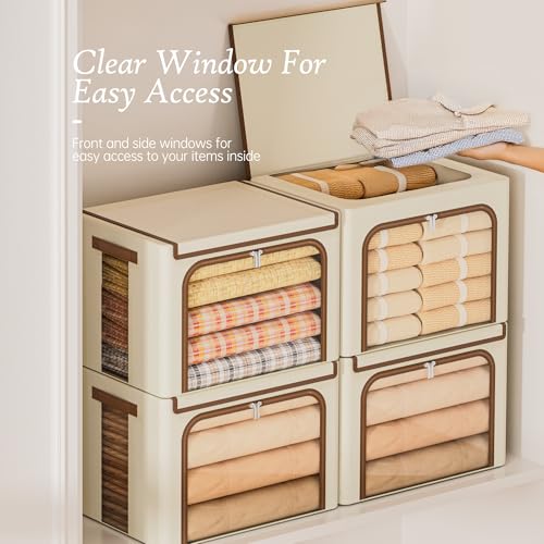 Yecaye Clothes Storage Bins with Metal Frame, Foldable Clothing Storage Bin with Lid, Stackable Oxford Fabric Organizer Box With Clear Window & Zippers & PU Leather Handles (3 Pack,Beige,66L) - color: Beige, size: 66L Large(3 Pack)