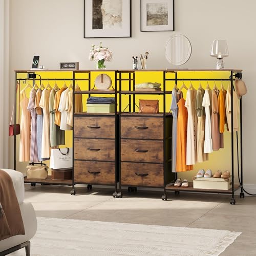 WLIVE Dresser with Hanging Rack for Bedroom, 3 Drawer Dresser with LED Lights & Charging Station, Fabric Dressers & Chest of Drawers, Storage Organizer with Open Shelves for Living Room, Brown - color: Rustic Brown Wood Grain Print
