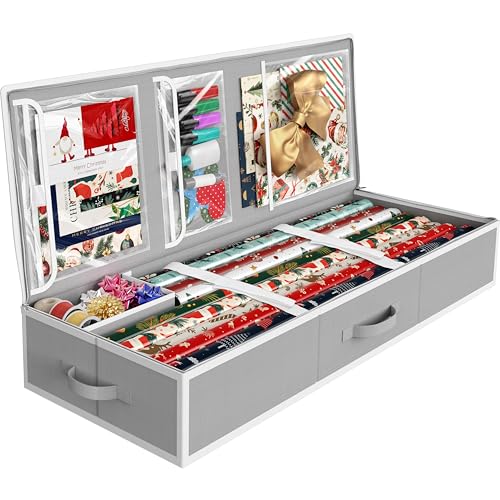 Simple Houseware 41.5" Wrapping Paper Storage Organizer - Fits 40 Rolls with Adjustable Straps, Interior Divider for Ribbons & Bows, 3 Clear Pockets for Gift Bags & Tools, 41.5''L x 16''W, Gray - color: Gray