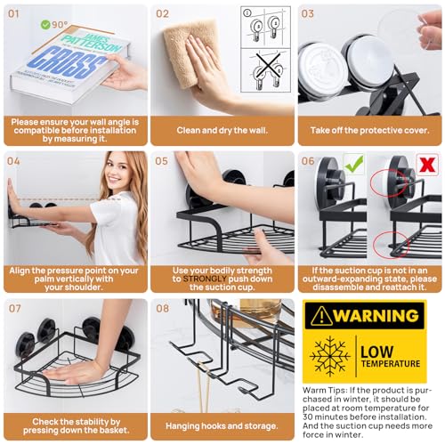 LEVERLOC 2 Pack Strong Suction Cup Corner Shower Caddy, Large Capacity Removable Bathroom Organizer, Stainless Steel Rustproof Shower Shelves with Hook, Drill-Free Wall Mounted Suction Basket, Black - style: Corner 90°, Black