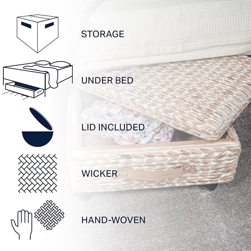 happimess BSK1006C 26.38" Chett Minimalist Hand-Woven Hyacinth/Wood Underbed Storage Bin with Wheels and Handles for Storage and Decoration in Bathroom, Bedroom, Closet,Entryway,Guest Room, White Wash - color: White Wash