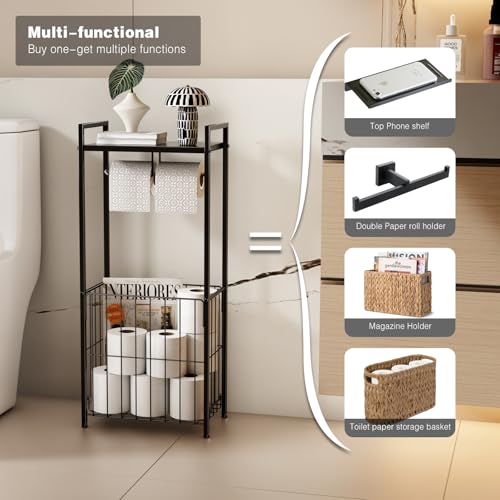 VOLDRA Toilet Paper Holder Stand with Storage Shelf, Free Standing Toilet Paper Roll Holder with Large Basket Heavy Duty Floor Double Tissue Dispenser for Bathroom Freestanding Tp Holder (Matte Black) - color: Black, size: Free Standing