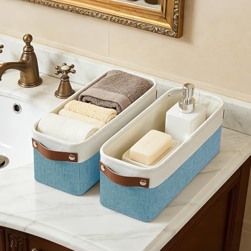Bagnizer Small Fabric Storage Baskets, 15x6x5 inch Narrow Storage Bins 4-Pack Long Storage Basket for Organizing with Handles, Decorative Basket for Closets, Shelves, Toilet Paper, Teal - color: Teal / Off-White, size: Narrow-15"x6"x5"