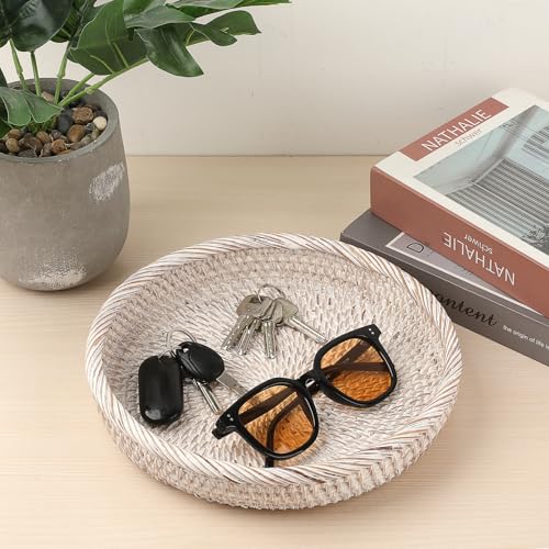 Hipiwe Key Basket Bowl for Entryway 10" Round Woven Wicker Fruit Tray Serving Tray Decorative Storage Organizer for Wallet Cellphone Basket Bowl for Kitchen Living Room, Medium - color: Whitewash, size: Medium, 9.9"