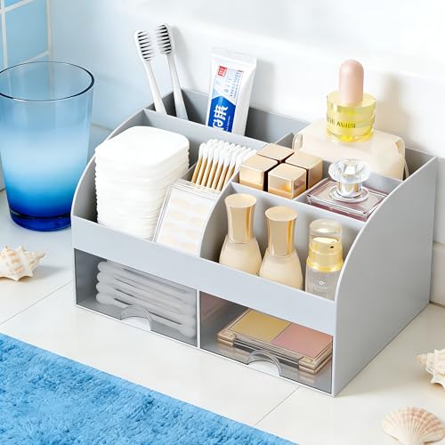 Makeup Organizer with 2 Drawers, Cosmetic Storage for Dresser Vanity and Bathroom Countertop,Make up organization and Skincare Storage with Beauty Brush Holder, Cosmetic Display Case (Grey) - color: Grey
