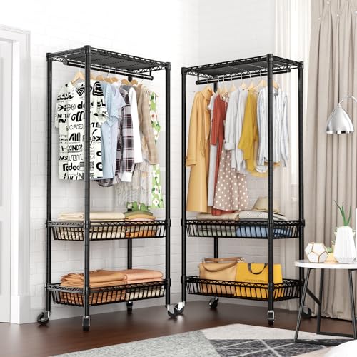 Heavy Duty Clothes Rack Rolling Garment Rack,3 Tier Adjustable Wire Shelving Clothing Racks for Hanging Clothes with Double Rods&Side Hooks,Freestanding Wardrobe Storage Rack Metal Portable Closet - color: Black5, size: 15.75"D x 23.5"W x 72.45"H