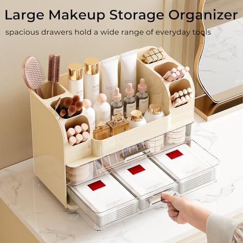 Makeup Organizer for Vanity with 2 Large Drawers, Cosmetic Display Case with Brush Holders, Easy to Storage for Bathroom Countertop Skincare, Perfume, Cream White - color: Cream White