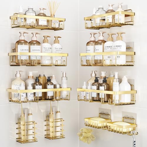 Liuoud 10 Pack Shower Caddy Organizer Rack Shelf for Inside Shower, Self Adhesive Wall Storage Basket Rustproof Stainless Steel Shampoo Holder Bathroom Accessory Decor Set, Gold - color: Gold