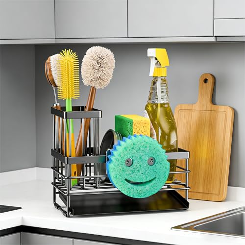 Cisily Sink Caddy with Smiley Face Sponge Holder for Kitchen with Brush Holder and Stainless Steel Self Drain Tray, Rustproof Kitchen Sink Organizer, Soap Dispenser Storage Accessories (Black) - color: Black With Smiley Face Holder