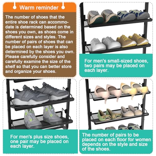 BUKFEN 6 Tier Adjustable Heavy Duty Metal Shoe Rack, Door Hanging and Wall Mount Organizer for Closet, Bedroom, Entryway, Laundry, Apartment, Small Spaces, Space Saving Solution for Busy Homes