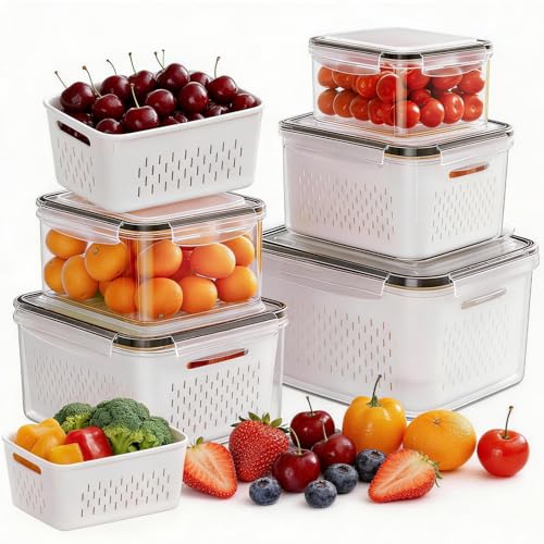 HOMETALL 5 Pack Fruit Storage Containers for Fridge, Plastic Fruit Containers for Fridge with Removable Colanders, Leakproof Fridge Organizers and Storage for Berry Vegetable Salad Lettuce Meat Food - color: 5PCS White