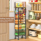 6 Tier Slim Storage Cart with Pull Out Basket, Wooden Top Rolling Kitchen Cart with Lockable Wheels, Metal Wire Fruit Vegetable Storage Basket Narrow Utility Organizer for Kitchen, Bathroom, Laundry