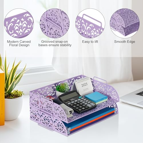 EasyPAG Paper Organizer for Desk 2 Tier Stackable Paper Tray for A4 Legal Size Folders Metal File Storage Desktop Organizer for Home Office School Teacher, Purple - color: Purple