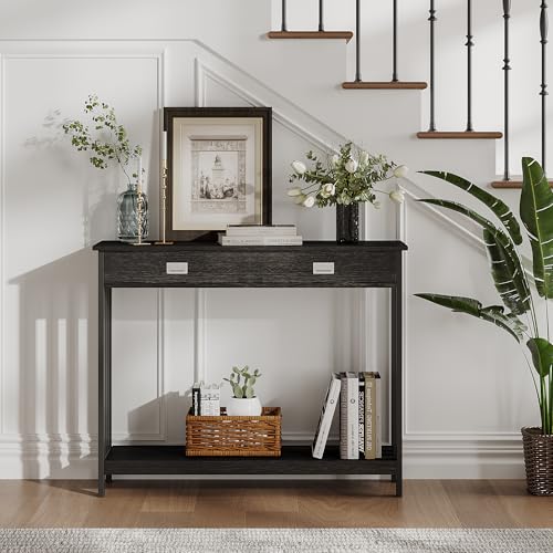 ChooChoo 39" Black Entryway Table with Drawer, Narrow Console Table with Storage Shelf, Sofa Table for Living Room, Entryway, and Hallway - color: Black, size: 11.8"D x 39.4"W x 31.5"H