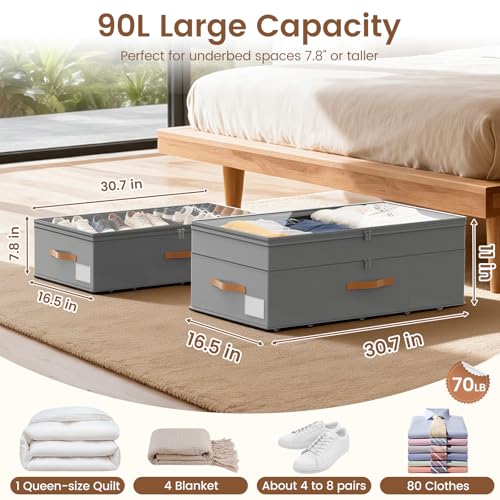 Under Bed Storage with Wheels, 2-Pack Underbed Storage Containers, No Assemble 11 inches 90L XXL Large Adjustable Storage Bins with Clear Lids, Rolling Storage for Clothes, Shoes, Blankets, Gray - color: Gray