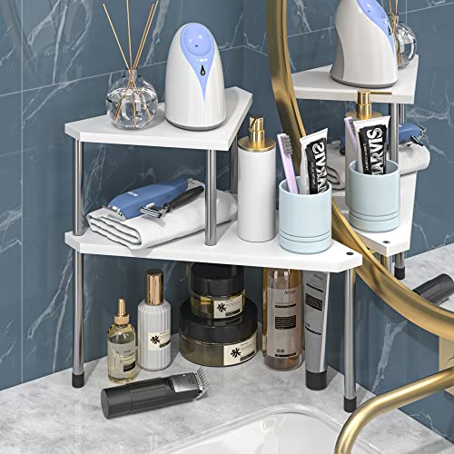 Weenson Bathroom Counter Organizer Over Sink for Toiletries Makeup, Kitchen Countertop Organizer Spice Rack for Salt, 2-Tier Corner Counter Shelf for Coffee Area Storage Dresser Table Bamboo - color: White