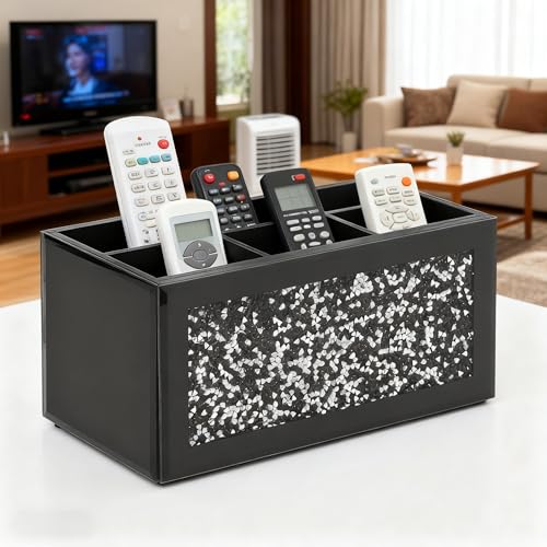 SHYFOY Glass Remote Control Holder with 6 Compartments TV Remote Caddy Storage Box,Desktop Organizer Store Controller,Glasses,Brush,Media Player,Pen,Space Saver for Bedside Table/Office Desk(Black)