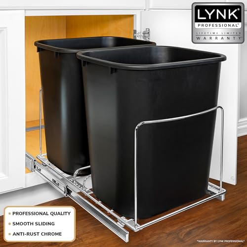 LYNK PROFESSIONAL® Double Pull Out Trash Can Under Cabinet - Under Sink Trash Can Slider - Trash Can Slide Out Drawer - Sliding Pull Out for Kitchen Garbage Bin (Trash Cans Not Included) - size: 14-1/8" W x 20-1/4" L x 11-1/2" H