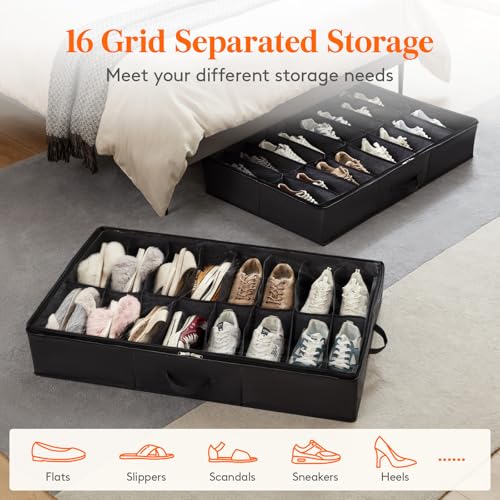 Lifewit Under Bed Shoe Storage Organizer 4 Pack(16 Shoes Cells), 4.3 Inches Profile Fabric Shoes Container Box with Clear Cover, Foldable Storage Bag with 2 Handles, Fits 32 to 64 Pairs - style: 16 Shoes Cells