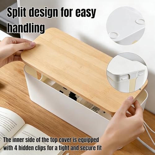 1 Large + 1 Small Cable Management Box Set – 2-Piece Cord Organizer Box, Home Office Desk Wire Storage & Cable Management Solution (Bamboo Lid/White) - color: Bamboo Lid/White