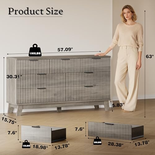 BORNOON 57" Long Dresser for Bedroom, 7-Drawer Fluted Chest, Wide Wood Storage Dresser with Metal Slides and Handles, Stable Base, Modern Clothes Organizer for Primary Suite, Guest Room, Nursery - color: Rustic Drift, size: XL 7-Drawer