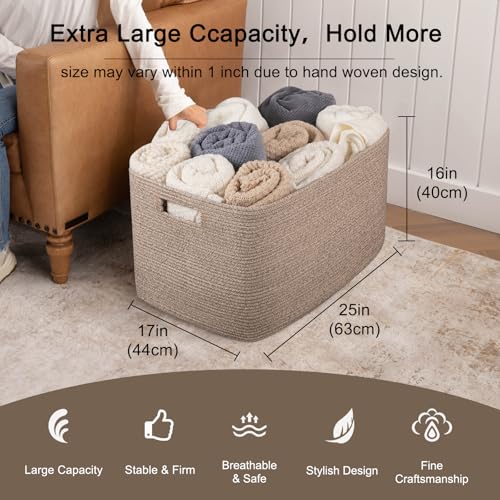 OIAHOMY 118L XXXLarge Cotton Rope Storage Basket, Oversized Blanket Basket, Used for Organizing Dirty Clothes in Living Room, Bedroom, Nursery, Dog Toy Storage Bins, 25" x 17" x 16",Brown variegated - color: Brown
