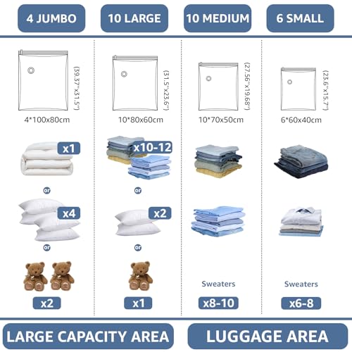 BoxLegend Vacuum Storage Bags with Large Hand Pump 30 Combo (4 Jumbo, 10 Large, 10 Medium, 6 Small) Thickened Vacuum Seal Bags for Clothing Space Saving for Clothes Pillow Comforters Bedding - size: 30 Combo