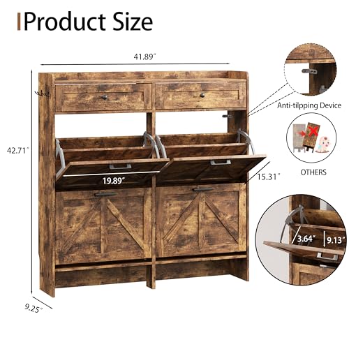 Shoe Cabinet with 4 Flip Drawers & 2 Top Drawers, 43" Tall Freestanding Narrow Wooden Shoe Storage Organizer for Entryway, Hidden Slim Shoe Rack for Front Door Entrance, Hallway, Living Room, Brown - color: Brown, size: 4 Flip Drawers