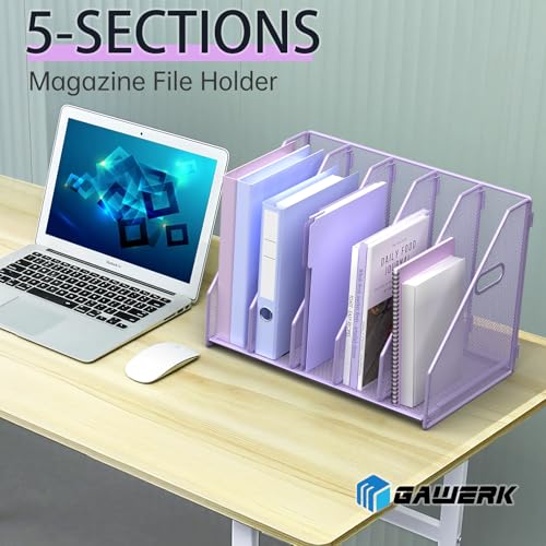 MINDEPOT Desk File Organizer Metal Desk Magazine Folder Holder with 5 Vertical Compartments Rack File Organizer for Office, Home, School (Purple) - color: Purple