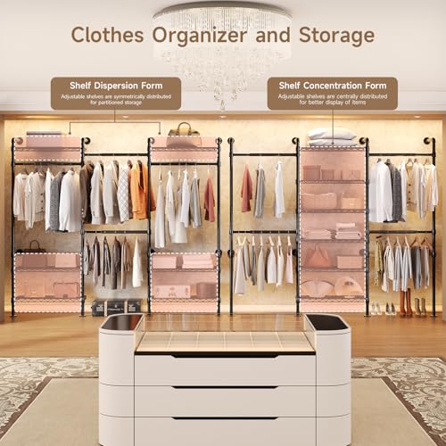 Wall Mounted Garment Rack, Walk-in Closet System with Expandable Rods, Adjustable Shelves, Industrial Pipe Clothing Racks, Hanging Clothes Organizers and Storage, Metal Closet Shelving Wardrobe - color: Black
