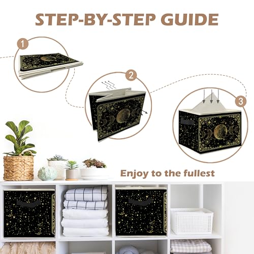 Mystical Witchy Moon Phase Storage Bin Box with Handles, Black and Gold Celestial Astrology Foldable Linen Fabric Laundry Basket for Home Bedroom Bathroom Clothes Toys Books