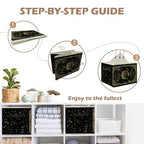 Mystical Witchy Moon Phase Storage Bin Box with Handles, Black and Gold Celestial Astrology Foldable Linen Fabric Laundry Basket for Home Bedroom Bathroom Clothes Toys Books