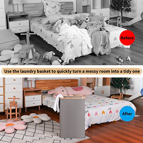 iEGrow 65L Slim Laundry Hamper, Narrow Laundry Basket with Lid,Foldable Clothes Hamper with Bamboo Handles,Hamper Basket with Removable Inner Bag for Laundry Room Bedroom College Dorm,17.17 Gals Grey - color: Grey, size: 65L