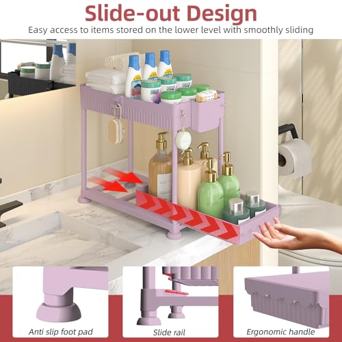 Sevenblue Under Sink Organizer, Bathroom Organizers and Storage, 2 Tier Multi-Use Pull Out Cabinet Organizer with Hang Hooks and Cups (Pink, 4 Pack) - color: Pink, size: 12.8 Inch