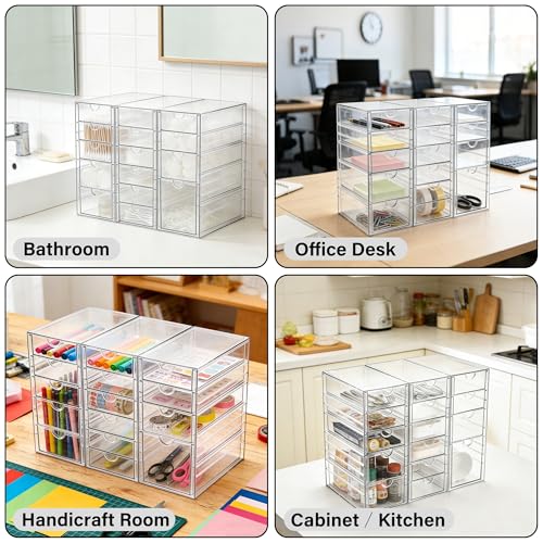 Prsildan Acrylic Drawer Organizer with 15 Drawers, Makeup Craft Office Desk Organizers Accessories, Set of 3 Clear Stackable Storage Drawers for Vanity, Countertop, Jewelry, Art Supply Organization - style: 15 Drawers