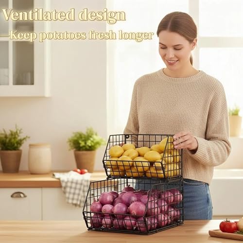 X-cosrack Stackable Wire Baskets for Counter, Fruit and Vegetable Storage, Potato and Onion Storage Bin，Kitchen Pantry Organizer - Wall Basket for Produce/Snack/Can, Large, Black - size: Large