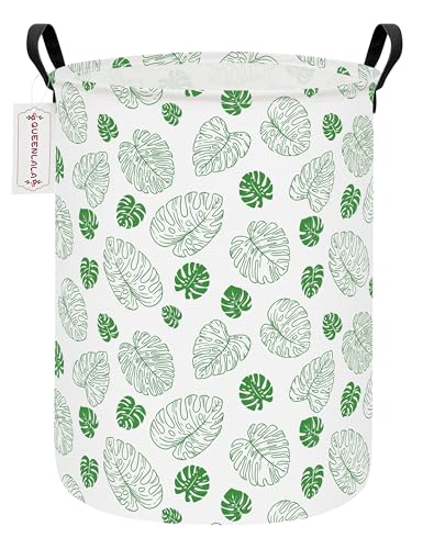 QUEENLALA Large Storage Basket,Laundry Hamper/Bathroom/Home Decor/Collapsible Round Storage Bin,Boys and Girls Hamper/Boxes/Clothing(Round-Green Leaf) - color: Round-Green Leaf