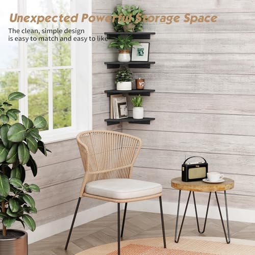 Forbena Black Floating Corner Bookshelf for Wall Set of 4, Large Corner Plant Shelves for Living Room, Rustic Rounded Hanging Bookshelves Wall Mounted for Bedroom Books, Kitchen, Closet, Office - color: 4. Black, size: 12" Depth