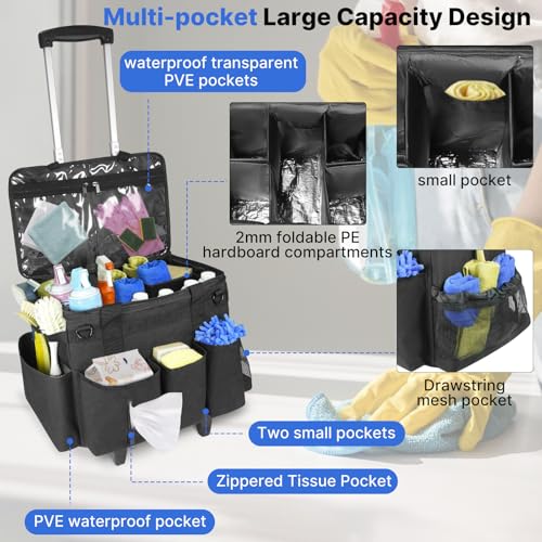 LIWSHWZ Rolling Cleaning Caddy Bag with Detachable Trolley & Lid,for Cleaning Supplies Organizer,Portable Large Cleaning Bag with Wheels for Housekeepers,with Shoulder Strap and Thickened Trailer Leg