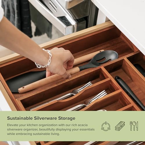 KitchenEdge Premium Silverware, Flatware and Utensil Organizer for Kitchen Drawers, Food-Safe Contract Grade, Expandable from 10.5 to 19 In, Natural Acacia - color: Natural Acacia, size: From 10.5" to 19" wide