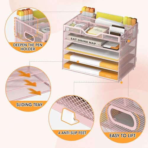 5 Tier Paper Letter Tray with 3 Drop-in Pen Holders, Mesh Desk File Organizer with Handle, Desk Organizers and Accessories for School,Home, Office Supplies Storage-Pink - color: 5 Tier-Pink, size: 12.5" x 9.1" x 10.3"