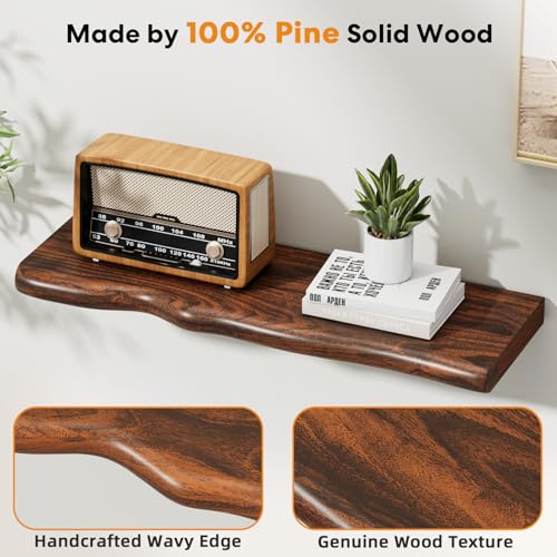 Solid Wood Live Edge Floating Shelves Set of 2 – 24" Rustic Wall Shelf with Hidden Bracket System, Wall Mounted Shelves for Bathroom, Kitchen, Living Room, Bedroom (Glazed Walnut) - color: Glazed Walnut, size: 24 inch - 2pcs