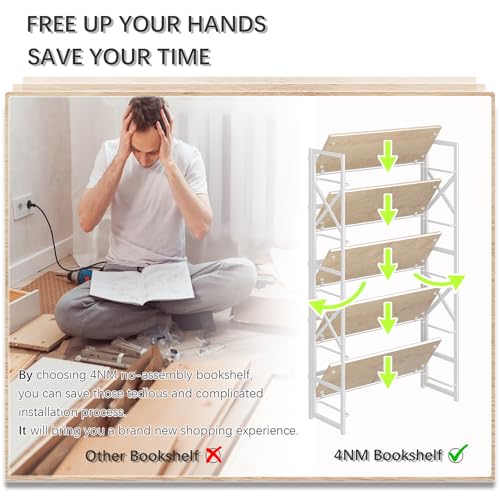 4NM Extra Wide 5 Tiers No Assembly Book Shelves, 51.2" H Folding Bookshelf Bookcase Open Industrial Foldable Shelves for Bedroom, Living Room, Home Office - Natural White - color: Natural White, size: Wide XX 5-Tier