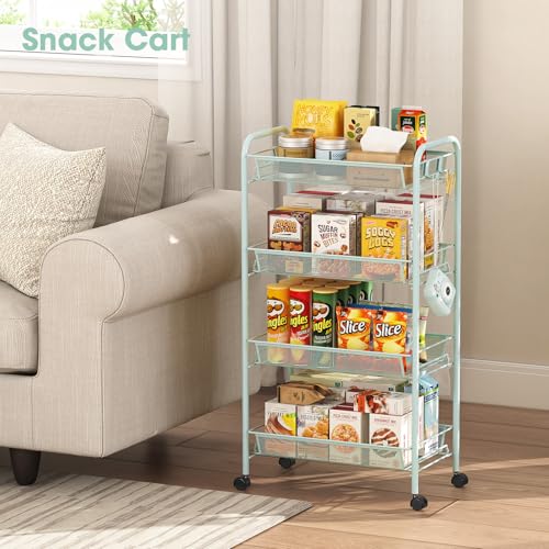 TOOLF 4-Tier Rolling Cart, Metal Utility Cart with 3 Hooks, Easy Assemble Mobile Storage Trolley On Wheels, Metal Shelving Units Kitchen Bathroom Laundry Room - color: Green, size: 4-Tier