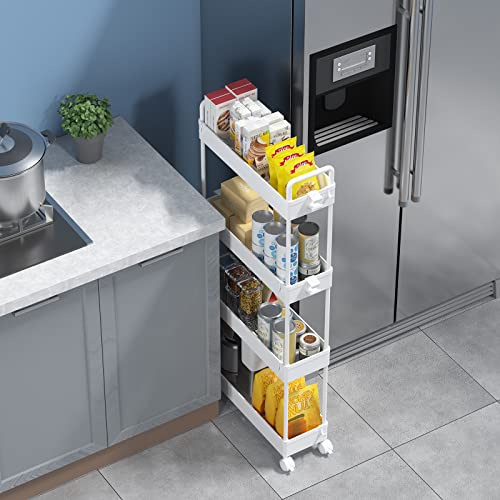 SOLEJAZZ Slim Rolling Storage Cart with Wheels 4 Tier Skinny Bathroom Storage Organizer Narrow Shelf Unit Thin Laundry Room Utility Cart for Bedside Kitchen Office Next to Fridge Small Places, White - color: White, size: 4-Tier, 4.76"D