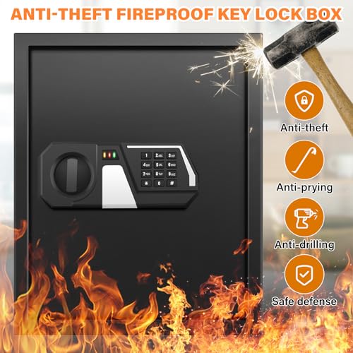 Nebakne 71 Keys Fireproof Key Lock Box, Anti-Theft Key Box Wall Mount with Adjustable Hook Plates, Key Tags and Side Opening, Key Safe Key Cabinet Key Organizer for Home Office Garage Rental Business - size: 71 Keys
