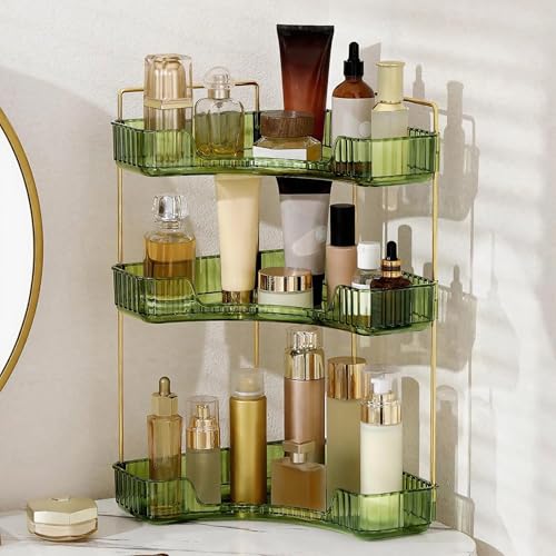 INVSSENE Corner Bathroom Countertop Organizer, Vanity Trays for Bathroom Counter, Makeup Organizer, Perfume Tray, Kitchen Spice Rack, Fits 90 Corner(Green, 3 Tiers) - color: Green, size: 13.6" x 10" x 23.2"